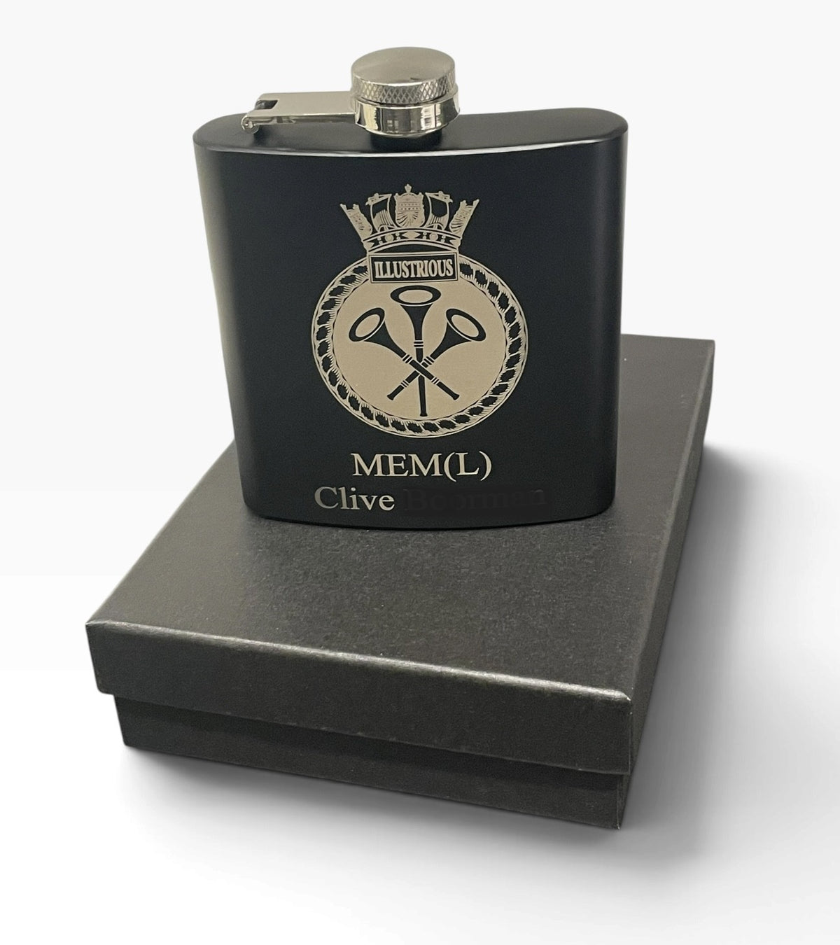 HMS Illustrious engraved hip flask and ships gifts.