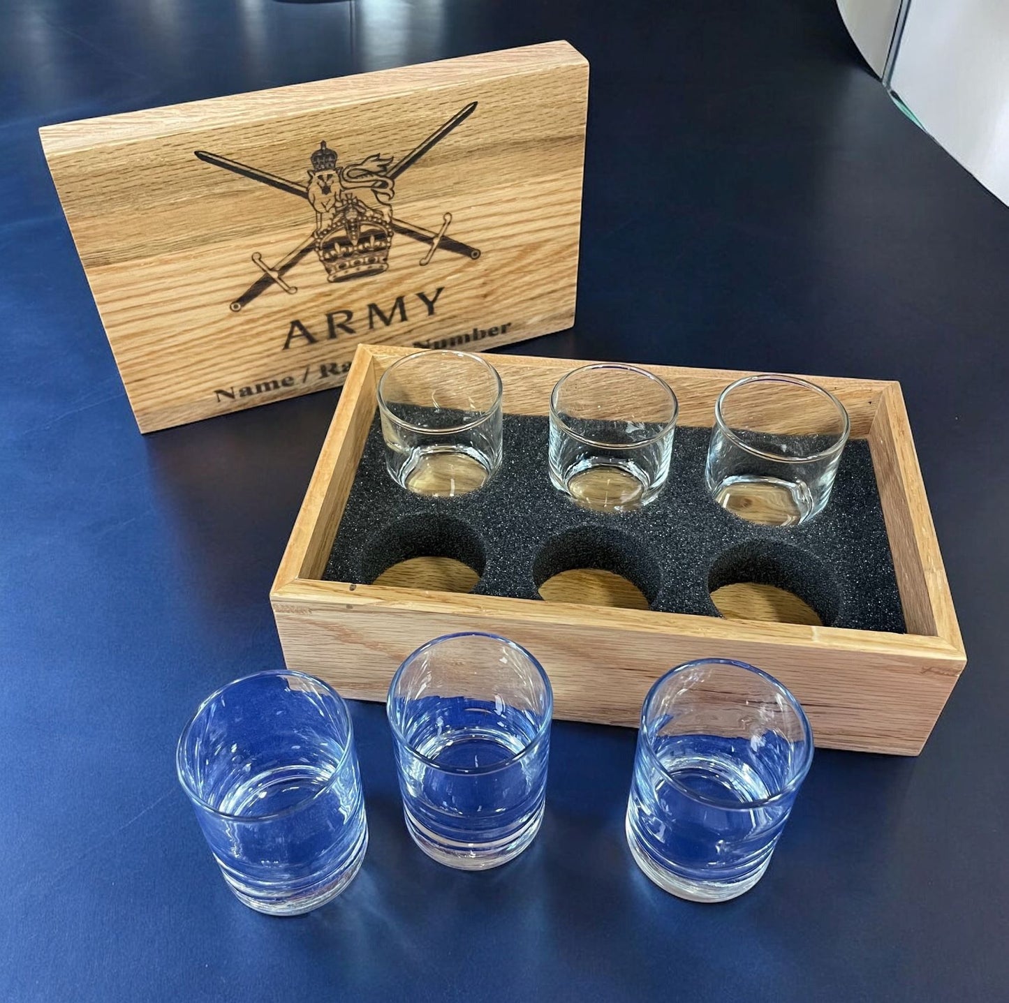 Shot Glass Collection in engraved Oak box.