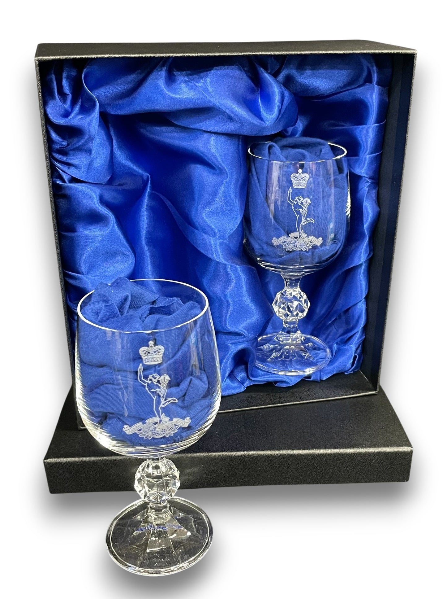 Royal Signals engraved port and wine glasses gift sets.