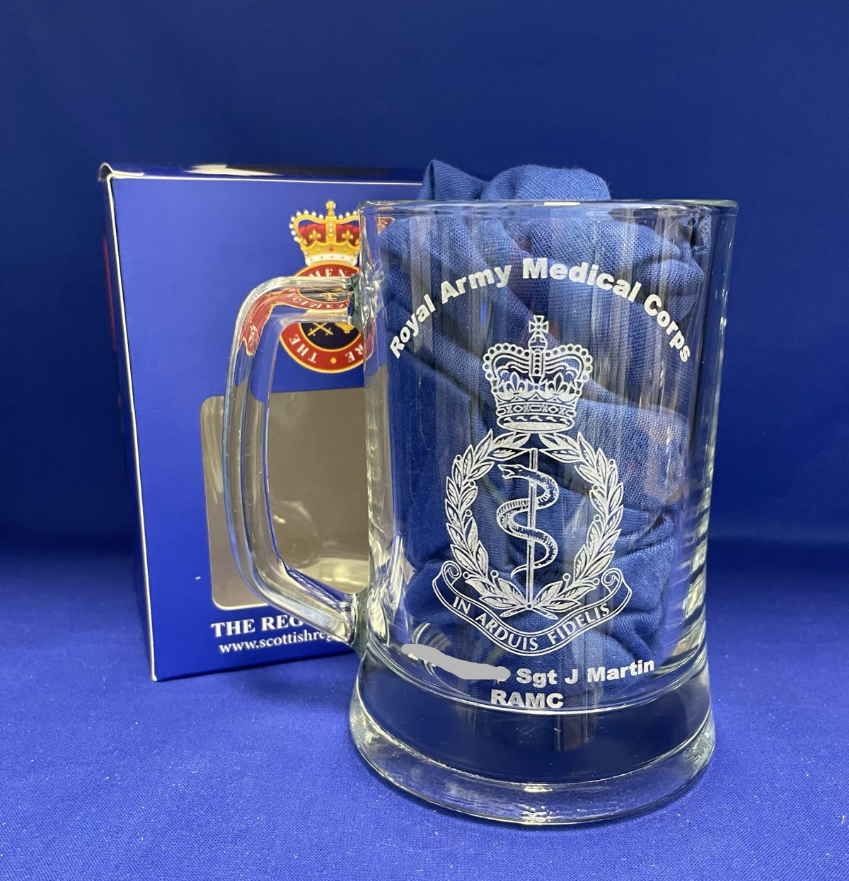 RAMC engraved beer glass