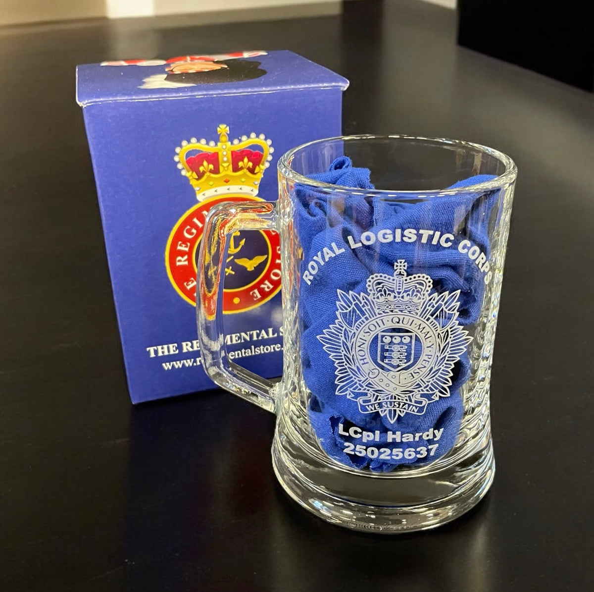 Royal Logistic Corps engraved beer glass and regimental gifts.