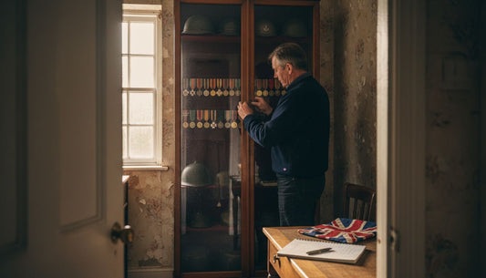 Collector organizing military souvenir display case