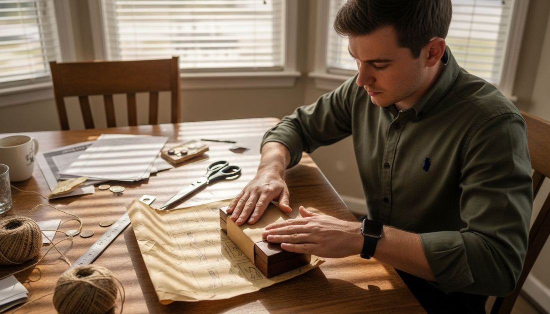 Man wrapping military gift at kitchen table