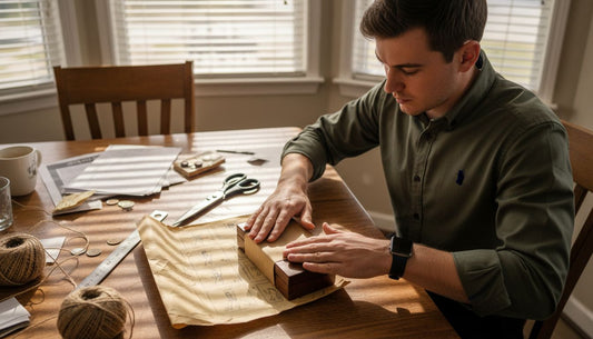 Man wrapping military gift at kitchen table