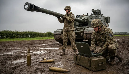 Soldiers operating artillery in muddy field