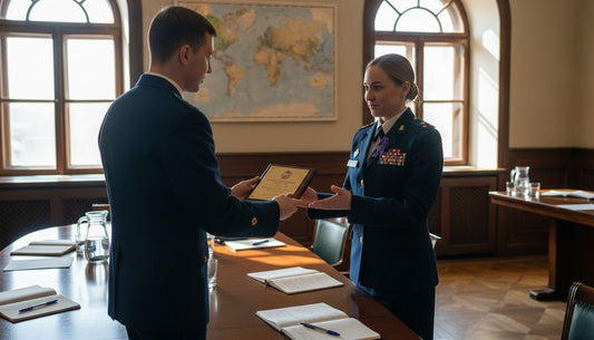 Military officers exchange gifts in conference room