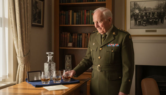 Veteran admiring military glassware on sideboard