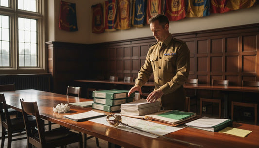 Army officer preparing materials in mess hall