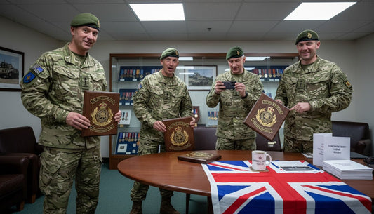 UK soldiers unwrapping regimental gifts