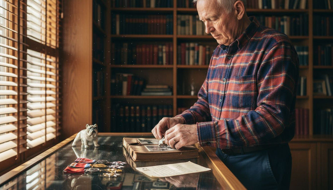 Veteran arranging military memorabilia in study
