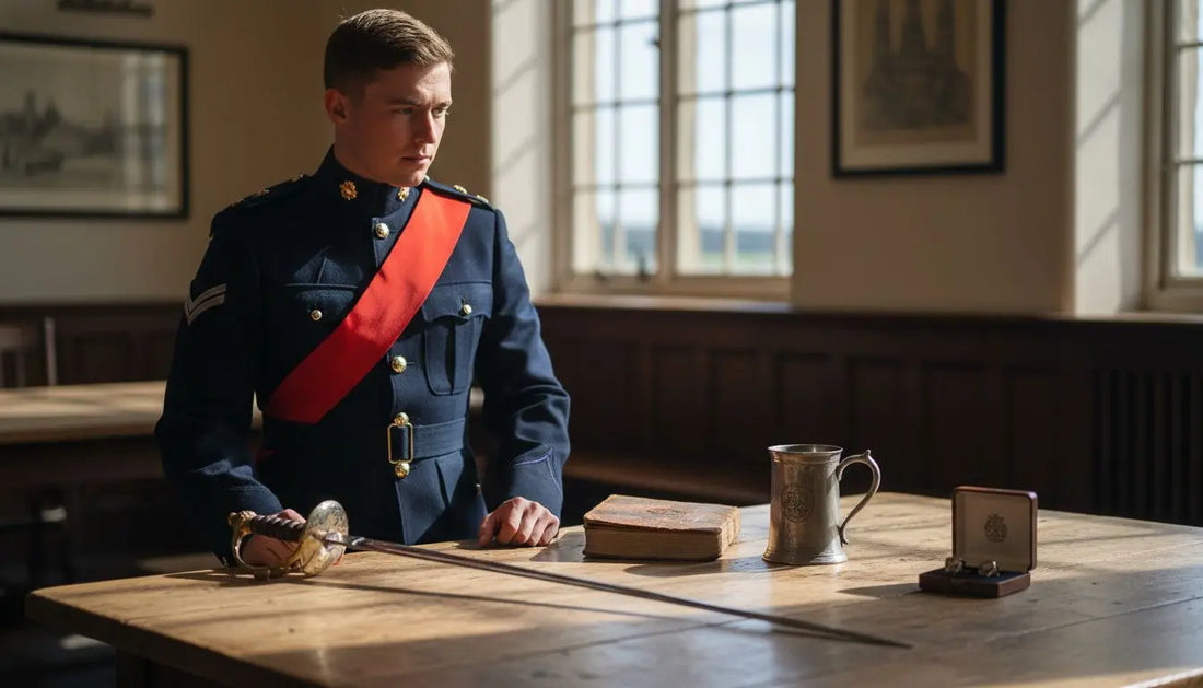 Officer with commissioning gifts in mess room