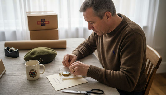 Man wrapping unique army gifts on table