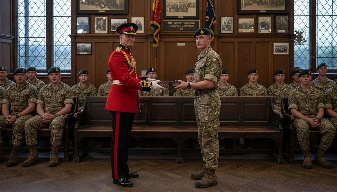 Army officer presenting gift to soldier