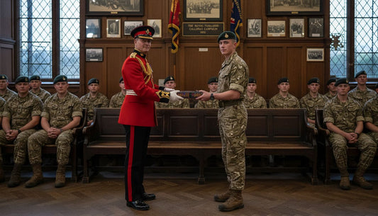 Army officer presenting gift to soldier