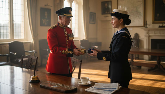 Army officer and Navy sailor exchanging gifts