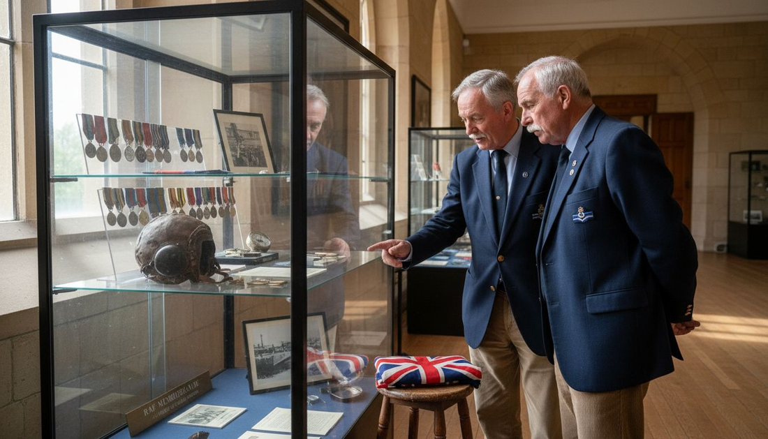RAF veterans viewing memorabilia in museum