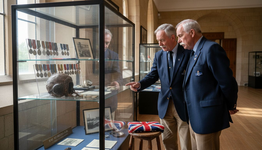 RAF veterans viewing memorabilia in museum