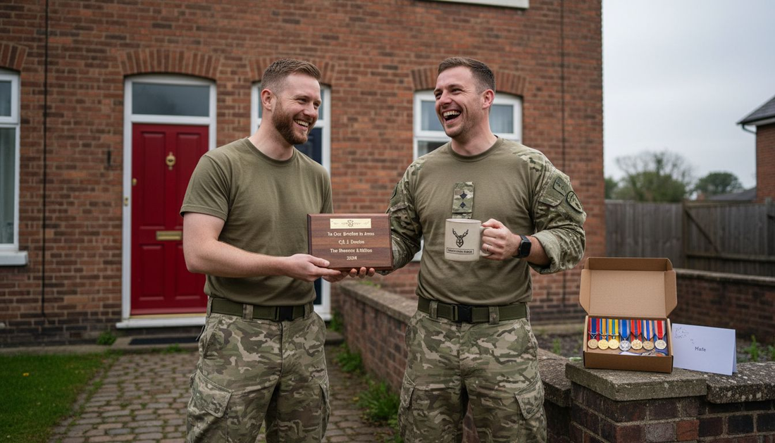 British military friends exchanging friendship gifts