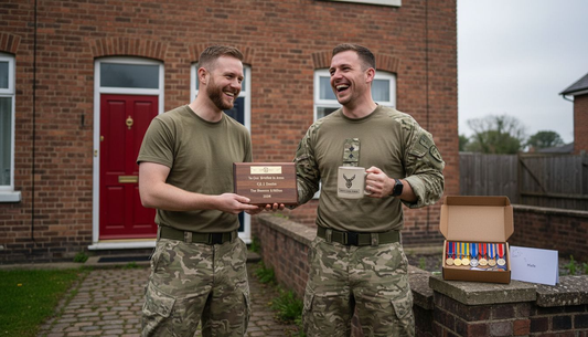 British military friends exchanging friendship gifts