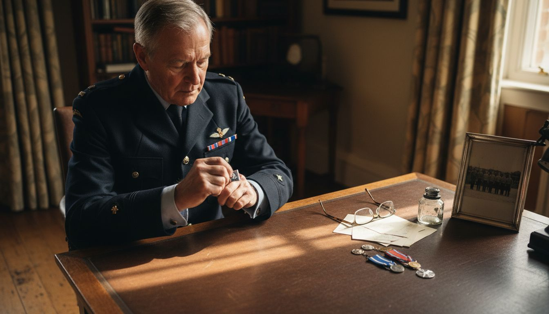 Veteran adjusting military cufflinks at desk