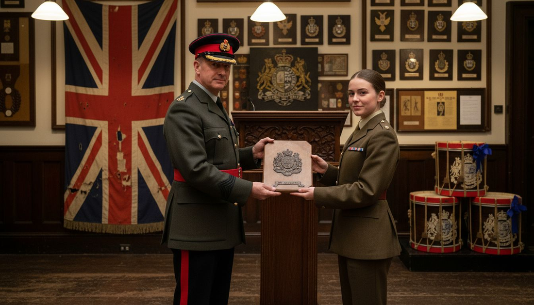 British officer presenting military plaque in hall