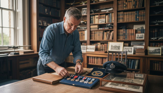 Collector arranging RAF memorabilia display in study