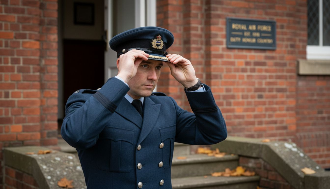 RAF officer adjusting cap with badge outside