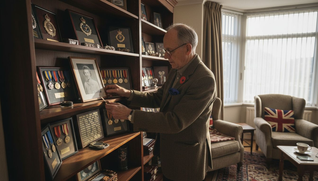 Officer arranging military badge display in home
