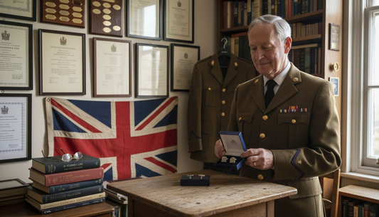 Retired officer holding regimental cufflinks
