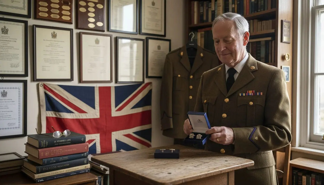 Retired officer holding regimental cufflinks