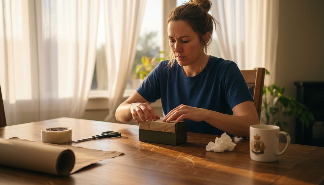 Woman packaging military gift at home table