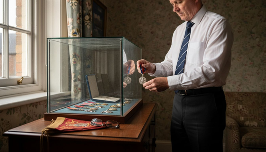 British officer arranging military memorabilia at home