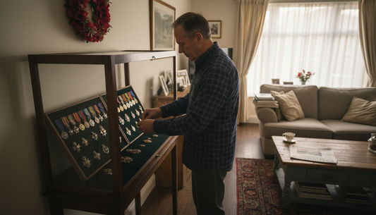 Man arranging military memorabilia in home