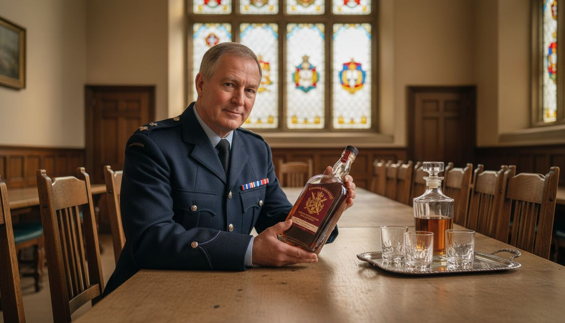 Officer holding commemorative regimental whiskey bottle