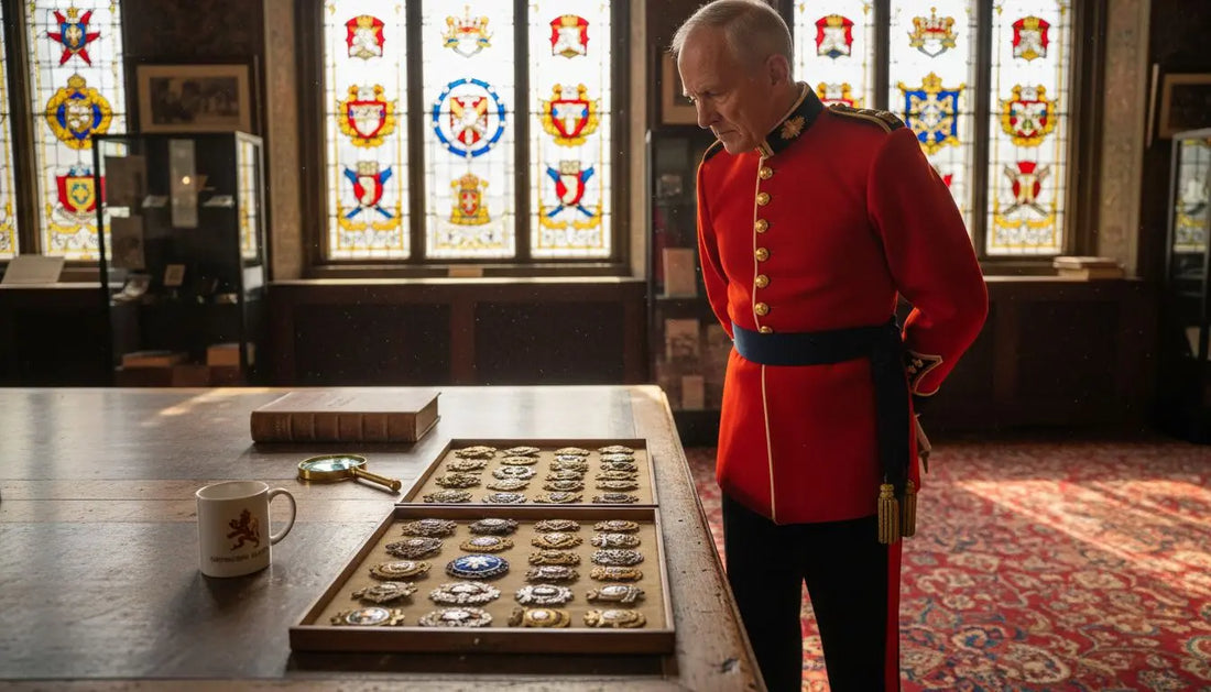 Officer examining historic UK military cap badges