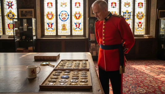 Officer examining historic UK military cap badges