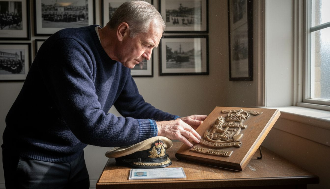Naval officer viewing ship crest display