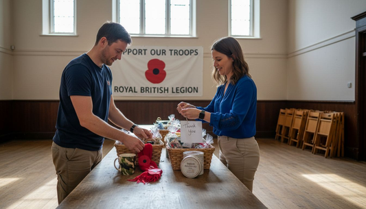 Arranging military gift baskets in UK community hall