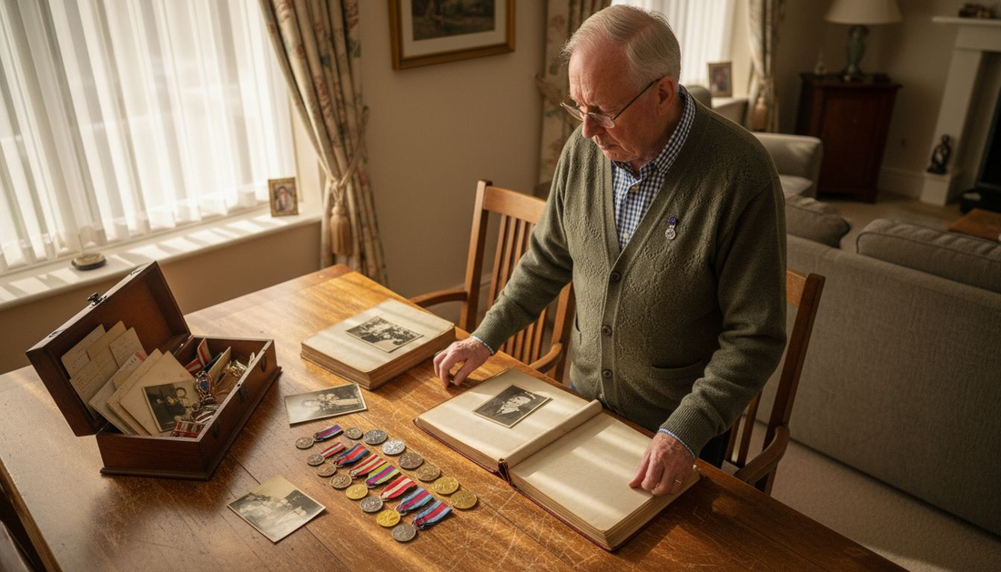 Veteran choosing military keepsakes at home