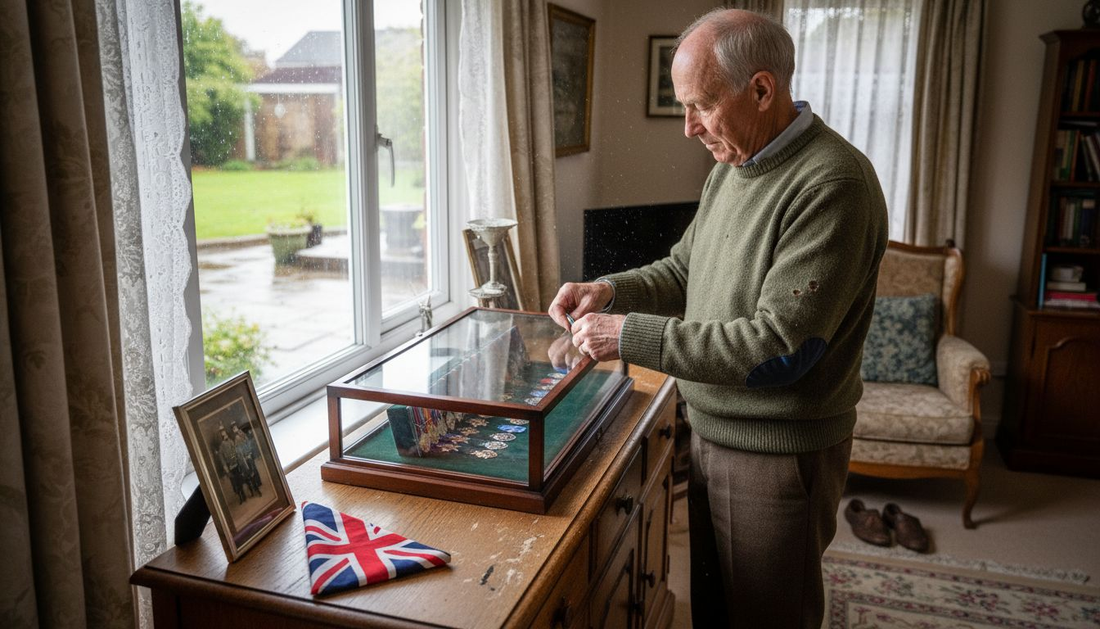 Veteran arranging medals in display case