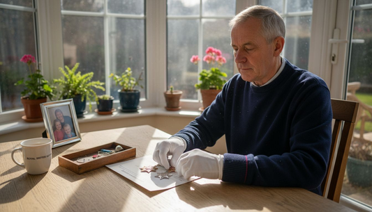 Veteran assembling UK military medals at home