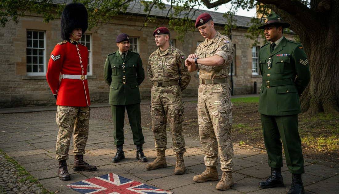 British Army soldiers display various arm badges