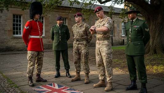 British Army soldiers display various arm badges