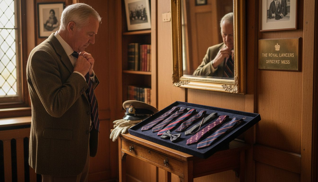 Veteran adjusts regimental tie in club room