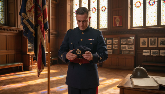 British soldier pinning badge in hall