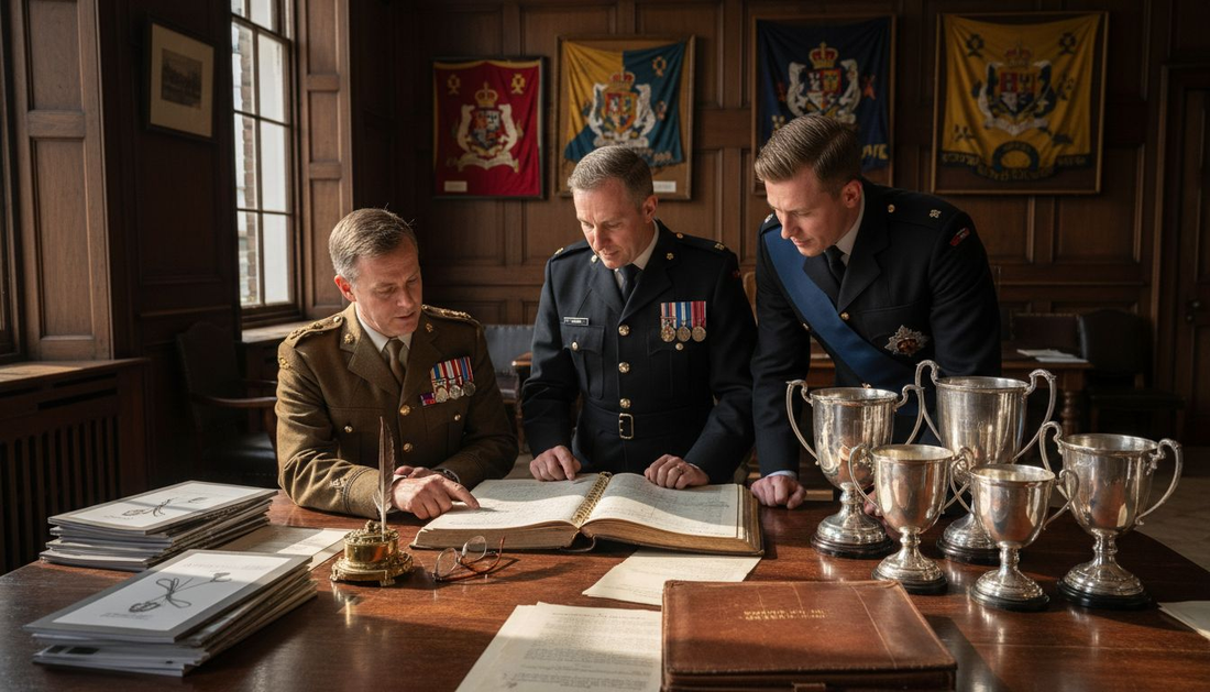 Officers review regimental gifts in boardroom