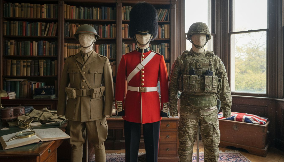 Display of three British Army uniforms in collector’s study