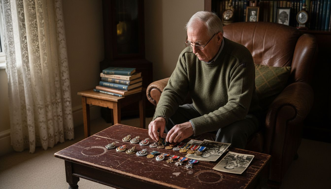 Veteran arranging British military memorabilia