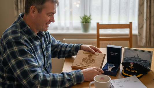 Navy veteran opening personalised navy gifts at home