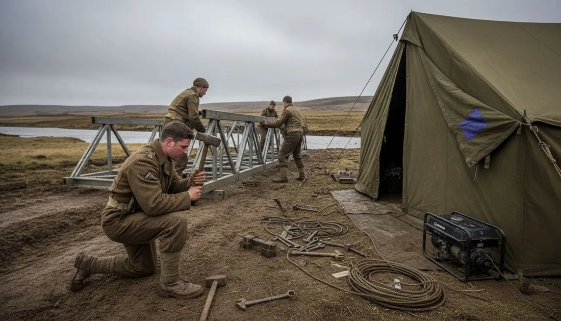 British Royal Engineers building bridge in field